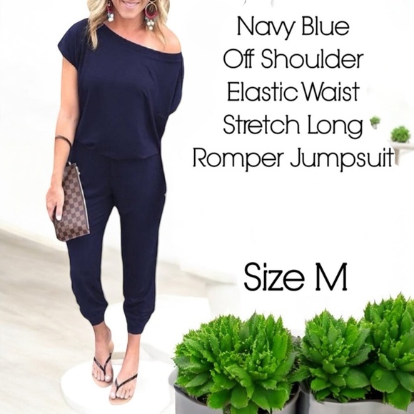 Women's Navy Blue Casual Wide-Neck Elastic Waist Stretch Long Romper Jumpsuit - Picture 16 of 16